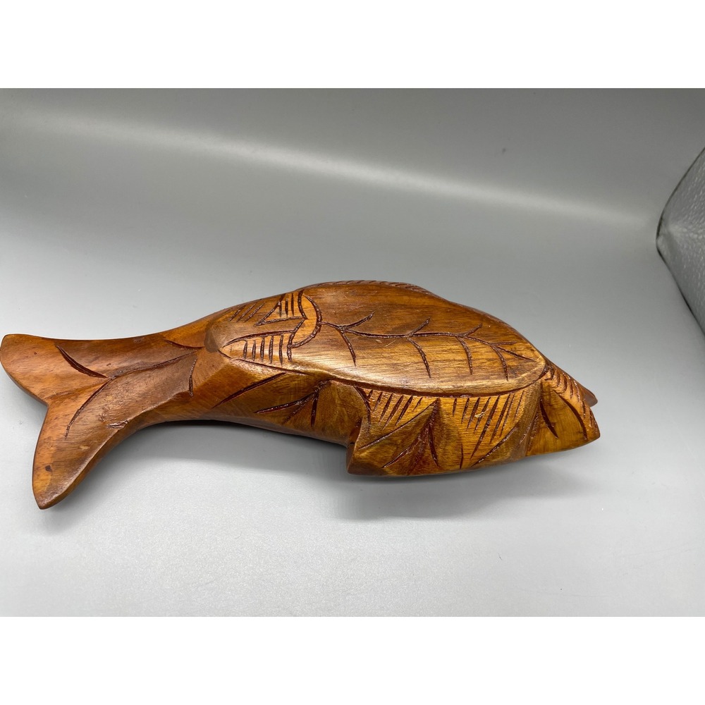 Vintage Hand Carved Wooden Fish Trinket Box Decorative Wood Bowl with Lid 9 Inch - Picture 4 of 5